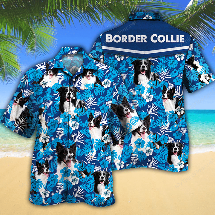 Border Collie Dog Lovers Blue Floral Pattern Hawaiian Shirt