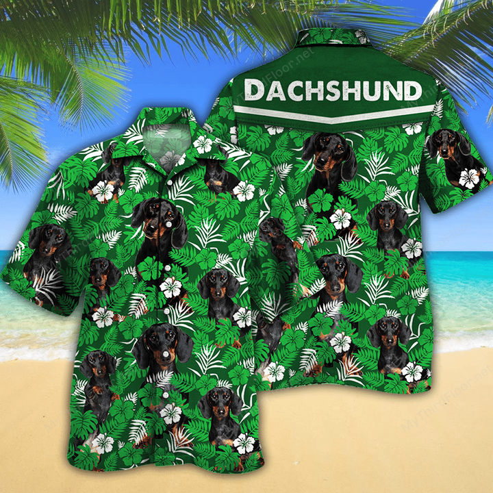 Dachshund Dog Lovers Green Floral Pattern Hawaiian Shirt