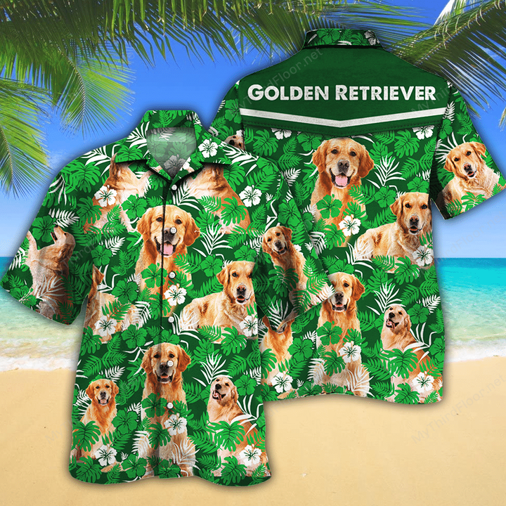 Golden Retriever Dog Lovers Green Floral Pattern Hawaiian Shirt