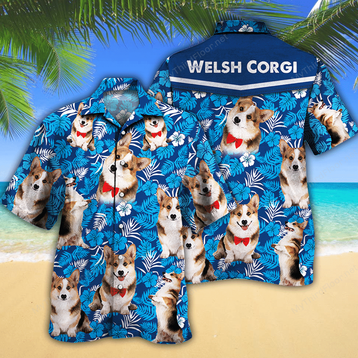 Welsh Corgi Dog Lovers Blue Floral Pattern Hawaiian Shirt