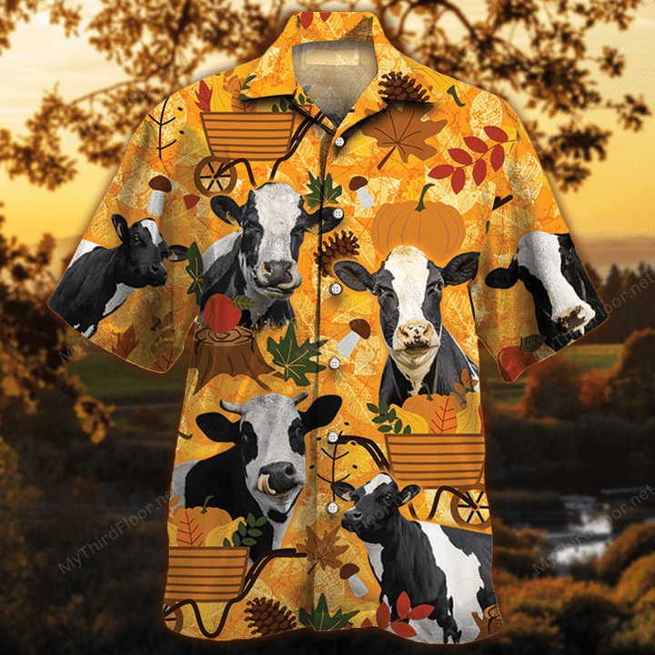 Holstein Friesian Cattle Lovers Orange Nature Autumn Hawaiian Shirt