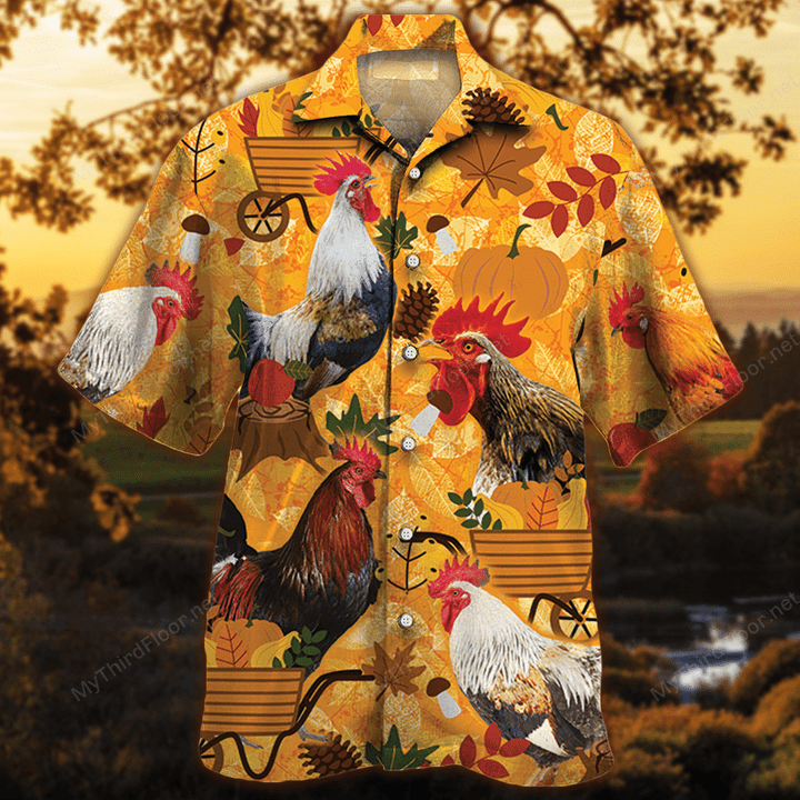Rooster Chicken Lovers Orange Nature Autumn Hawaiian Shirt