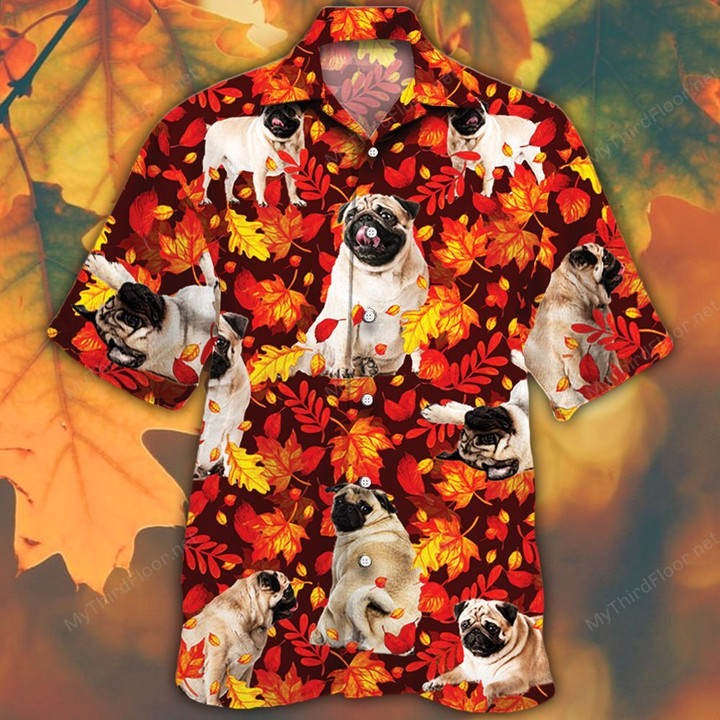 Pug Dog Lovers Autumn Red Leaves Hawaiian Shirt