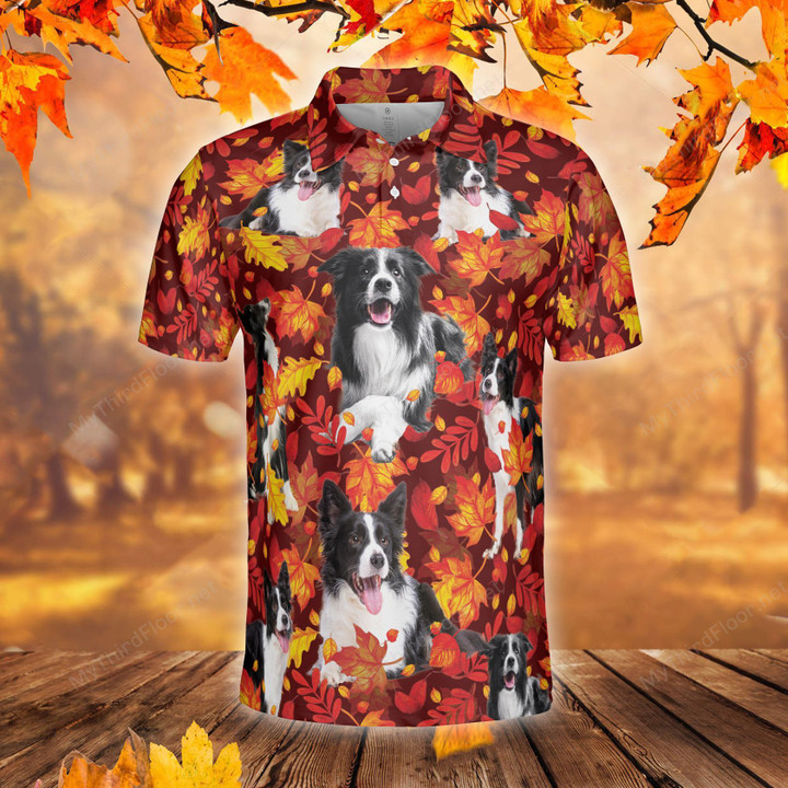Border Collie Dog Lovers Autumn Red Leaves Polo Shirt