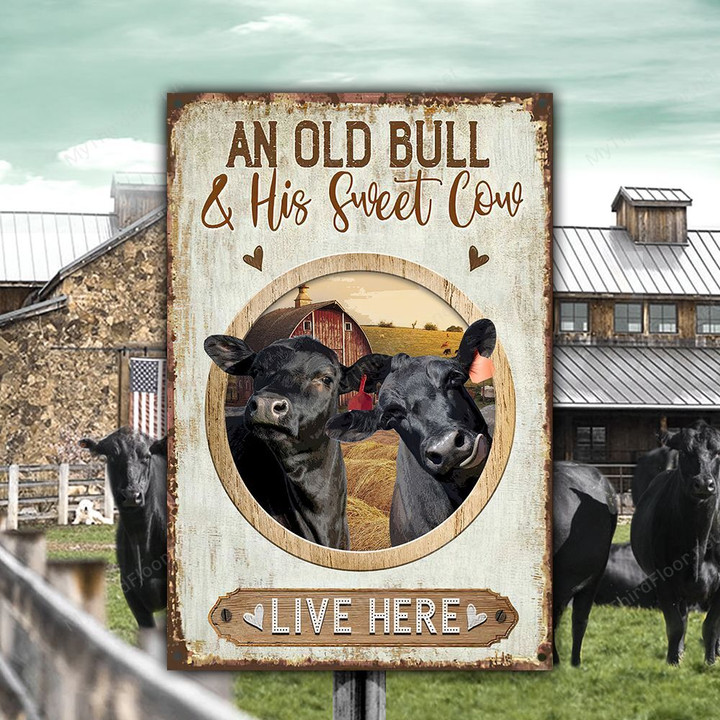 Black Angus Cattle Lovers Old Bull And Sweet Cow Metal Sign