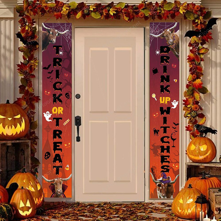 TX Longhorn Cattle Lovers Trick Or Treat Drink Up Witches Porch Banner 12" x 70"