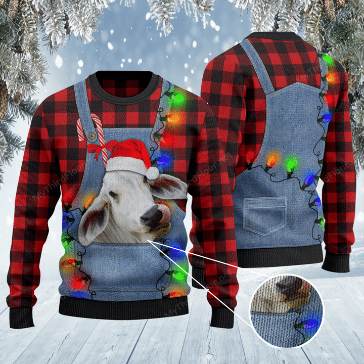 Brahman Cattle Lovers Red Plaid Shirt And Denim Bib Overalls Knitted Sweater