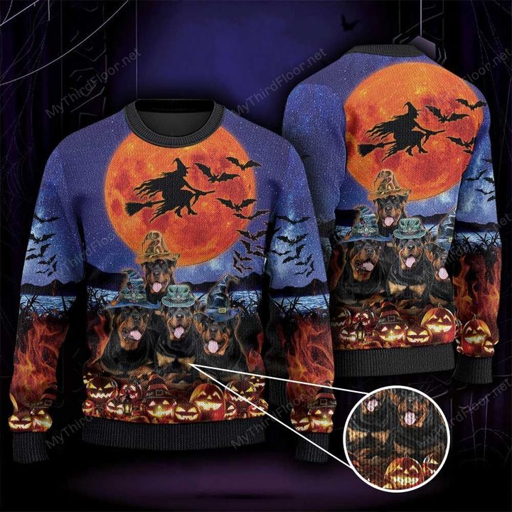 Rottweiler Dog Lovers Halloween Moon Knitted Sweater