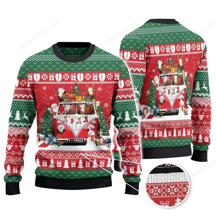 Hereford Cattle Lovers Christmas Van Knitted Sweater