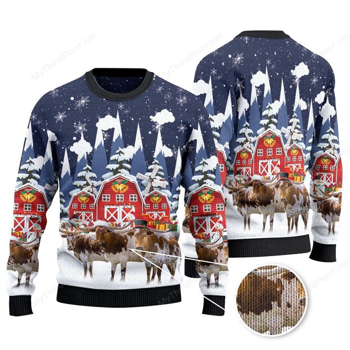 TX Longhorn Cattle Lovers Christmas Gift Snow Farm Knitted Sweater