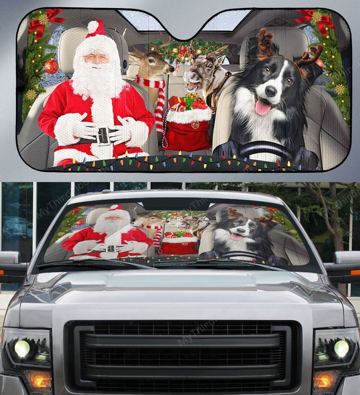 Border Collie Dog Lovers Santa Sleigh Car Auto Sunshade 57" x 27.5"