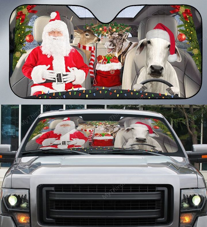 Brahman Cattle Lovers Santa Sleigh Car Auto Sunshade 57" x 27.5"