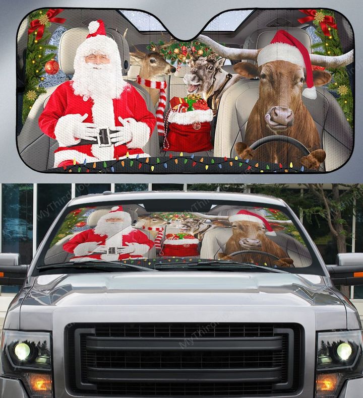 TX Longhorn Cattle Lovers Santa Sleigh Car Auto Sunshade 57" x 27.5"