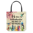 He heals the brokenhearted and binds up their wounds. Psalm 147:3 tote bag - Gossvibes