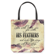 Psalm 91:4 NIV He will cover you with his feathers and under his wings you will find refuge tote bag - Gossvibes