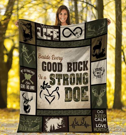 Beside Every Good Buck Is A Strong Doe Hunting Fleece Blanket - spreadstores