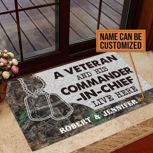 Personalized Veteran Welcome Rug, Veteran Days Decor, A Veteran And His Commander In Chief Live Here Doormat - Spreadstores