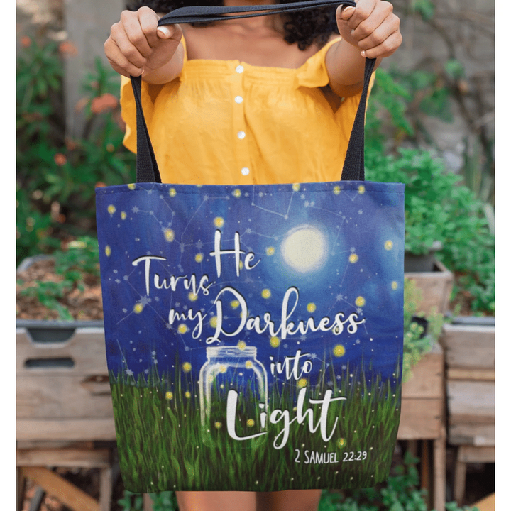 He turns my darkness into light 2 Samuel 22:29 tote bag - Gossvibes
