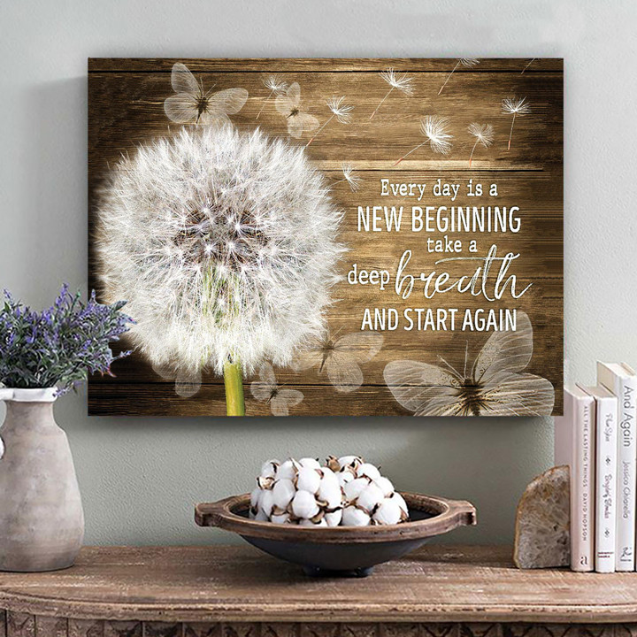 Beautiful Dandelion And Butterflies Mustard Olive Color Rustic Wood Canvas Every Day Is A New Beginning Wall Art