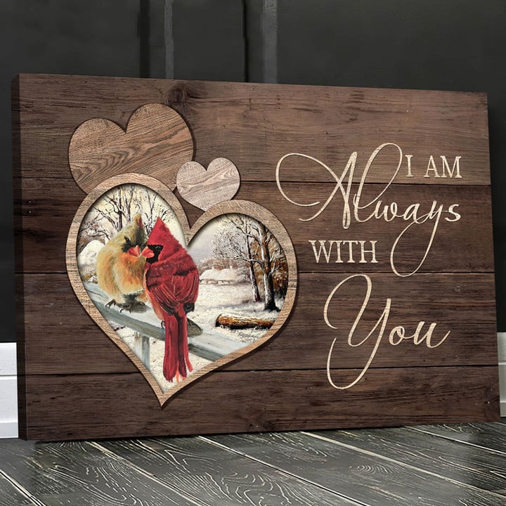 Cardinal couple, Heart wooden background, I am always with you - Canvas Prints, Wall Art