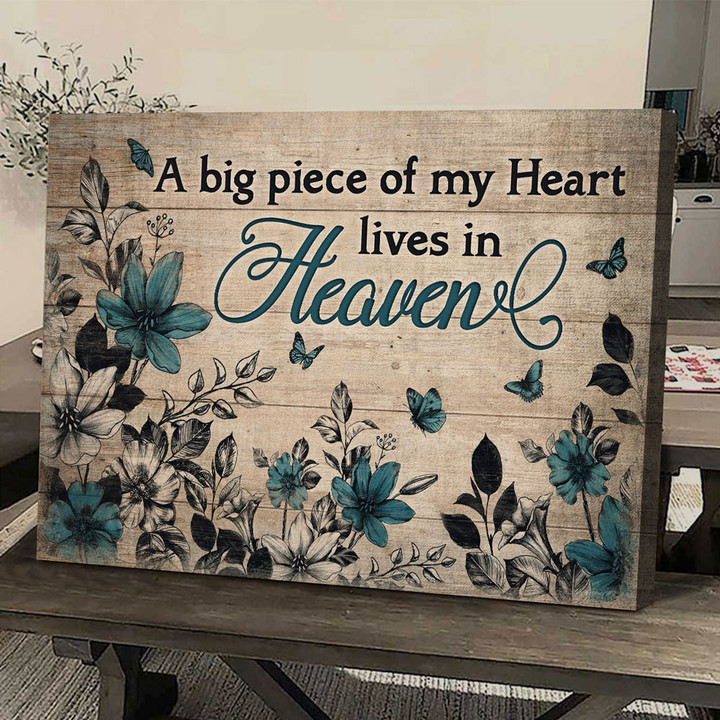 Vintage flower, Teal color flower, A big piece of my heart lives in heaven - Canvas Prints, Wall Art
