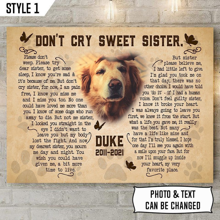 Don't Cry Sweet Sister Dog Poem Printable Horizontal Canvas Poster Framed Print Butterfly Shape Personalized Dog Memorial Gift For Dog Sister