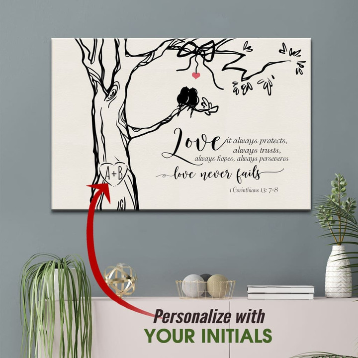 Personalized initials carved in tree love never fails canvas wall art