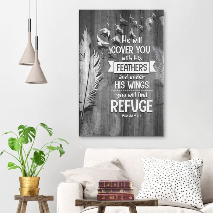 He will cover you with his feathers Psalm 91:4 Bible verse wall art canvas print