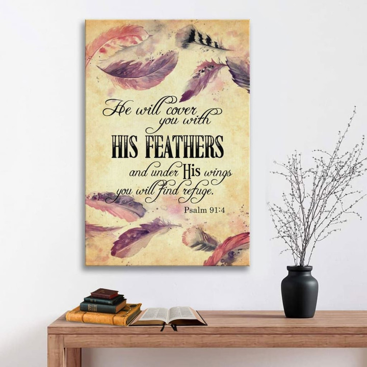 Psalm 91:4 NIV He will cover you with his feathers Scripture wall art canvas
