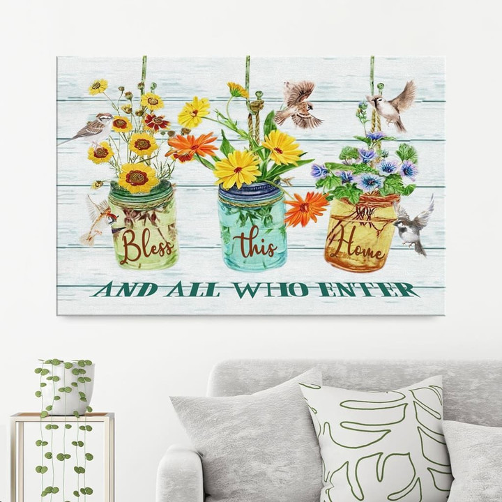 Bless this home and all who enter floral sparrow canvas print - Christian wall art