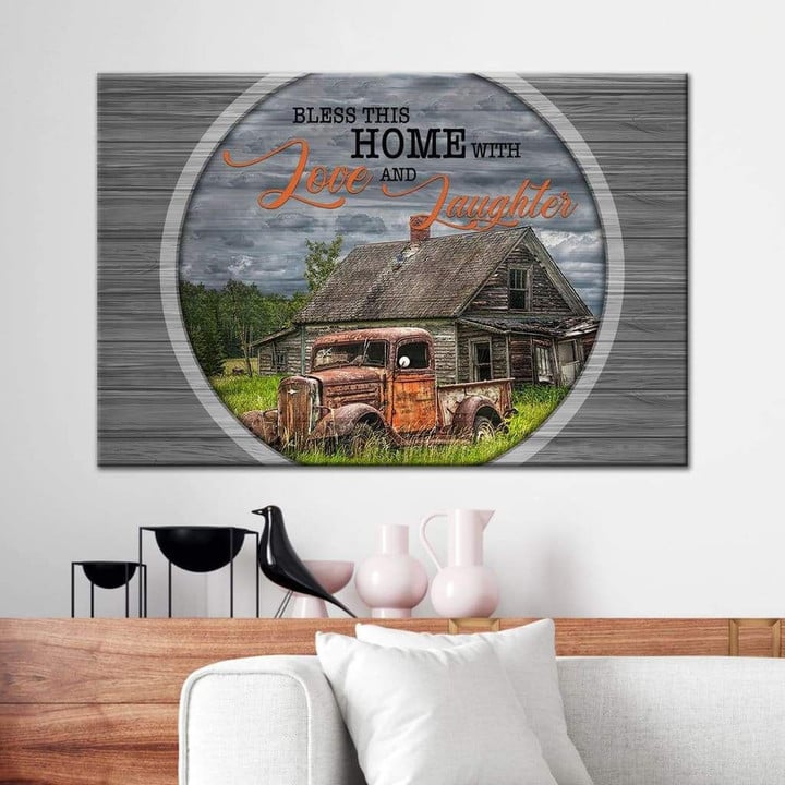 Christian wall art - Bless this home with love and laughter, farmhouse canvas