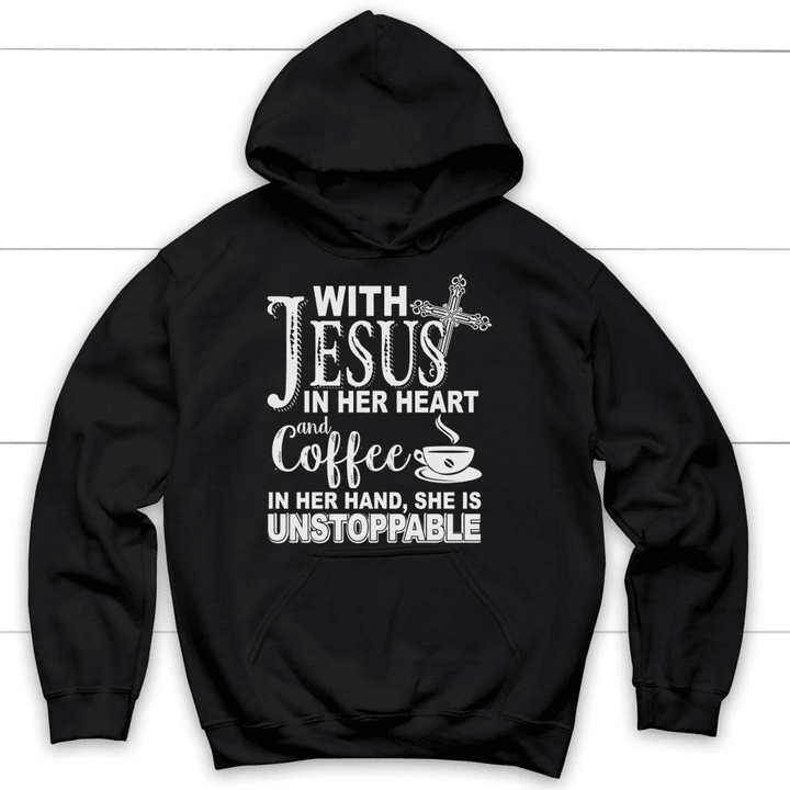 With Jesus in her heart and coffee Christian hoodie - Gossvibes
