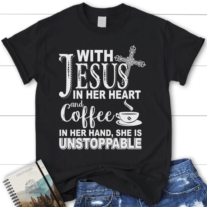 With Jesus in her heart and coffee womens Christian t-shirt - Gossvibes