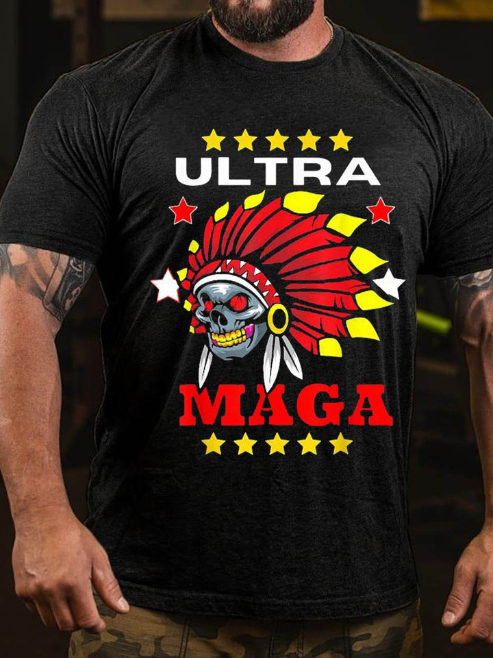 Men's Ultra Maga Pro Trump Skull Wearing Indian Headdress T-Shirt