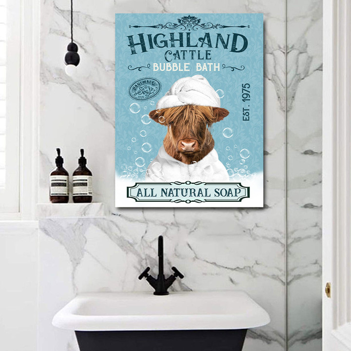 Funny Scottish Highland Cow In Bath Soap Canvas Print Art
