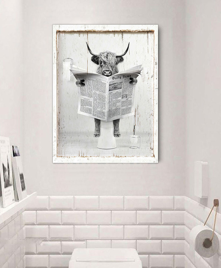 Scottish Highland Cow In Toilet Black And White Canvas Print Art