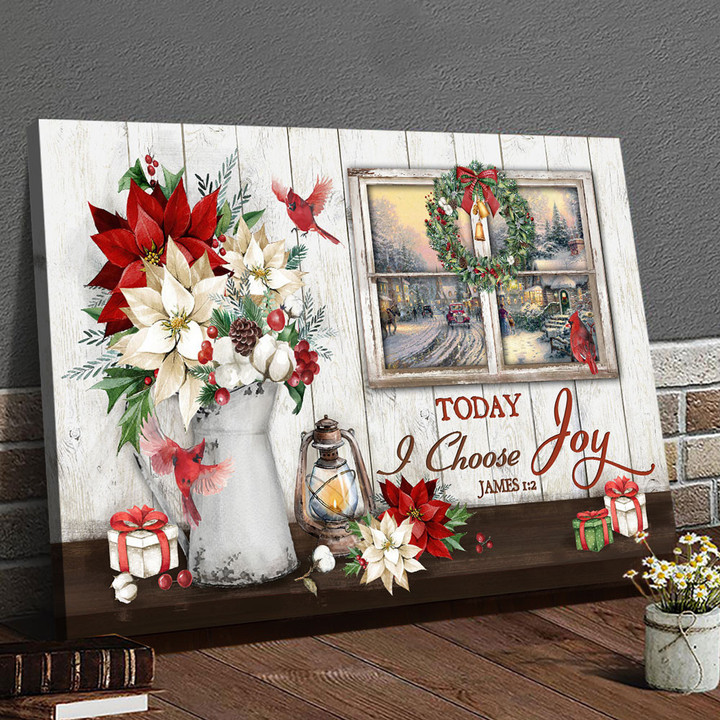 Jesus - Winter Christmas scene through window - Today I choose joy - Landscape Canvas Print Wall Art