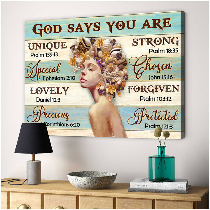Beautiful girl with seashell hair - God says you are Jesus Landscape Canvas Print
