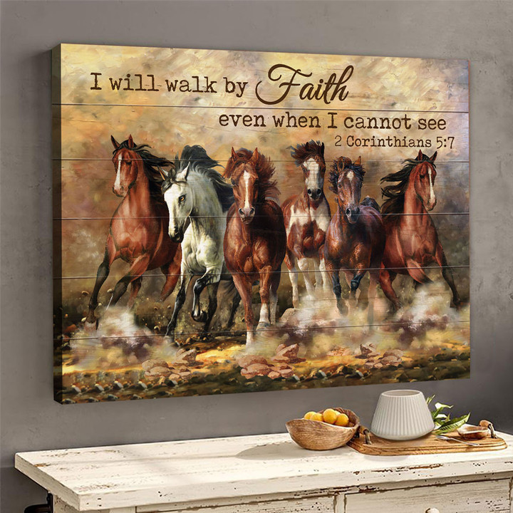 Amazing Horses - I will walk by faith even when I cannot see Jesus Landscape Canvas Print Wall Art