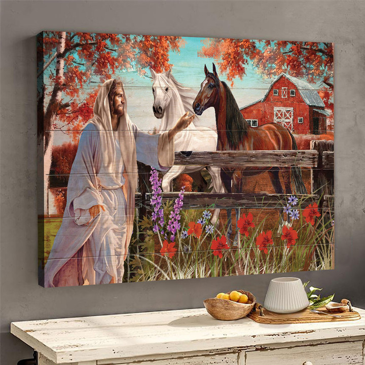 Autumn leaves - Jesus and beautiful horses Jesus Landscape Canvas Print - Wall Art