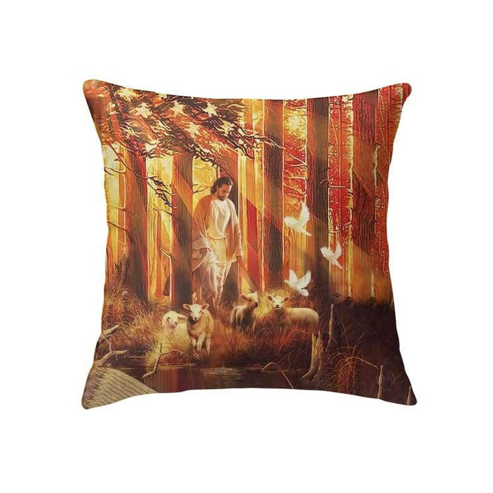 Jesus walking in forest with the lambs Christian pillow - Christian pillow, Jesus pillow, Bible Pillow - Spreadstore
