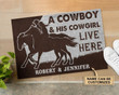 Couple Cowboy Welcome Mat, Personalized Cowboy And Cowgirl Live Here Doormat, Housewarming Gift - spreadstores
