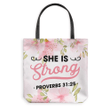 She is strong Proverbs 31:25 tote bag - Gossvibes