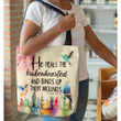He heals the brokenhearted and binds up their wounds. Psalm 147:3 tote bag - Gossvibes