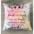 She is clothed with strength and dignity Proverbs 31:25 Bible verse pillow - Christian pillow, Jesus pillow, Bible Pillow - Spreadstore