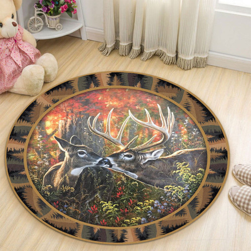 Kissing Deer Premium Round Rug, Floor Mat Carpet, Rug For Living Room, For Bedroom
