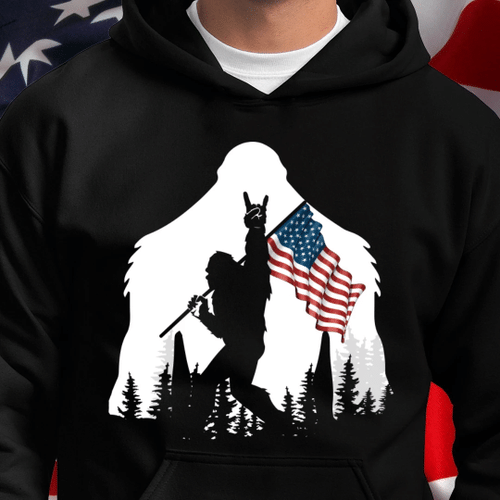 Bigfoot Rock And Roll USA Flag in The Forest Hoodie - spreadstores
