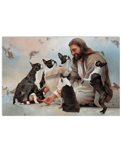 Christian Wall Art, Dog Wall Art, God Surrounded By Boston Terrier Angels Gift For You Canvas - spreadstores
