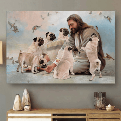 Christian Wall Art, Dog Wall Art, God Surrounded By Pug Angels Gift For You Canvas - spreadstores