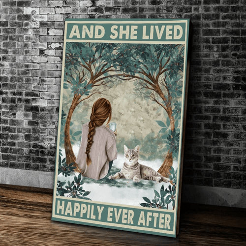 A Girl And Cat Canvas She Lived Happily Ever After, Best Gift For Cat Lovers, Love Cat Wall Art - spreadstores
